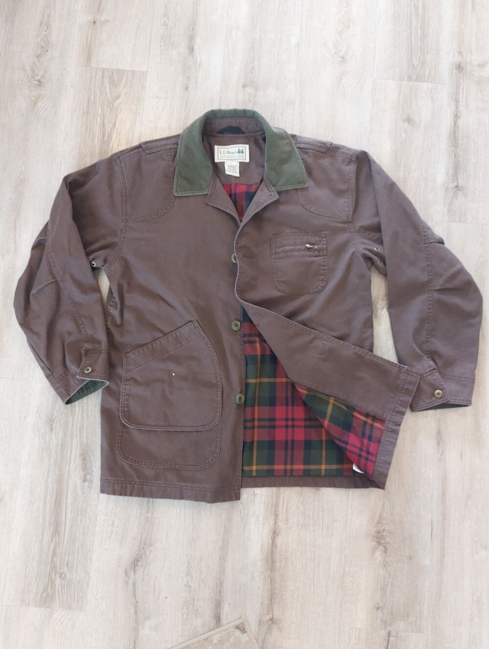 L.L. Bean Vintage Men's Brown Canvas Chore Coat, Interior Plaid Size Large